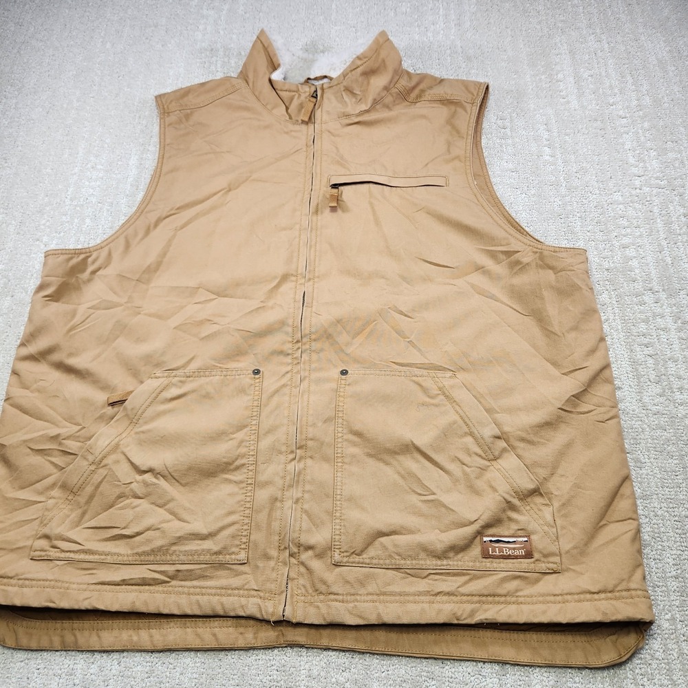 LL Bean Vest Men 2XLT Insulated Quilt Lined Utility Canvas Sherpa Full Zip